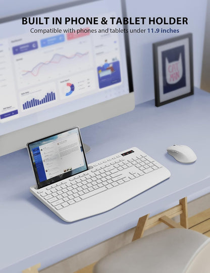 Wireless Keyboard and Mouse Combo - Full-Sized Ergonomic Keyboard with Wrist Rest, Phone Holder, Sleep Mode, Silent 2.4GHz Cordless Keyboard Mouse Combo for Computer, Laptop, PC, Mac, Windows,White