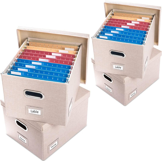 PRANDOM File Organizer Box - Set of 4 Collapsible Decorative Linen Filing Storage Hanging File Folders with Lids Office Cabinet Letter/Legal Size Light Grey (17x14x11.2 inch)