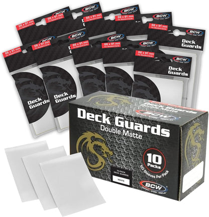 BCW Deck Guard - Double Matte Card Sleeves | 500 Count Box (10 Packs of 50 Sleeves) |Acid-Free, No PVC | Fits 2.5" x 3.5" Game Cards | Archival Safe Sleeves for Card Protection (White)