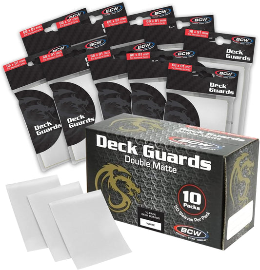 BCW Deck Guard - Double Matte Card Sleeves | 500 Count Box (10 Packs of 50 Sleeves) |Acid-Free, No PVC | Fits 2.5" x 3.5" Game Cards | Archival Safe Sleeves for Card Protection (White)