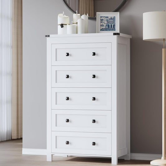 Tall 5-Drawer Dresser, Modern Wooden Storage Chest of Drawers, Dresser TV Stand, Wood Drawer Organizer with Metal Handles for Bedroom, Living Room, Hallway