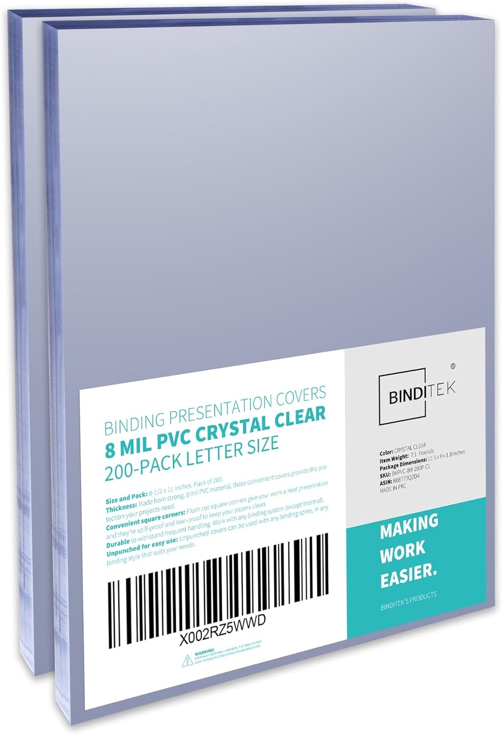 Binditek 200 Pack 8 Mil PVC Clear Binding Covers, 8.5 x 11 Inches, Letter Size, Square Corners, Un-Punched, Office Supplies