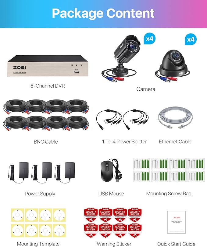 ZOSI 8CH Security Camera System, AI Human/Vehicle Detection, Night Vision, 3K Lite 8 Channel CCTV DVR Recorder with 8pcs 1920TVL 2MP Outdoor Weatherproof Video Surveillance Cameras, NO Hard Drive