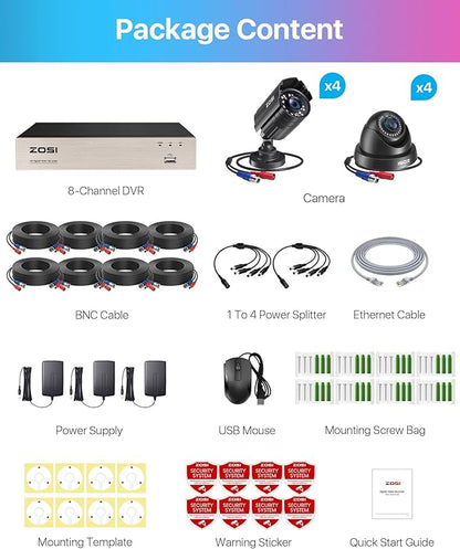 ZOSI 8CH Security Camera System, AI Human/Vehicle Detection, Night Vision, 3K Lite 8 Channel CCTV DVR Recorder with 8pcs 1920TVL 2MP Outdoor Weatherproof Video Surveillance Cameras, NO Hard Drive
