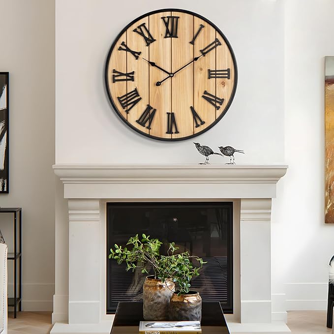 Large Wall Clock 20IN, Silent Metal Wood Style Wall Clocks Battery Operated for Living Room Decor, Farmhouse Big Wall Clock, Outdoor