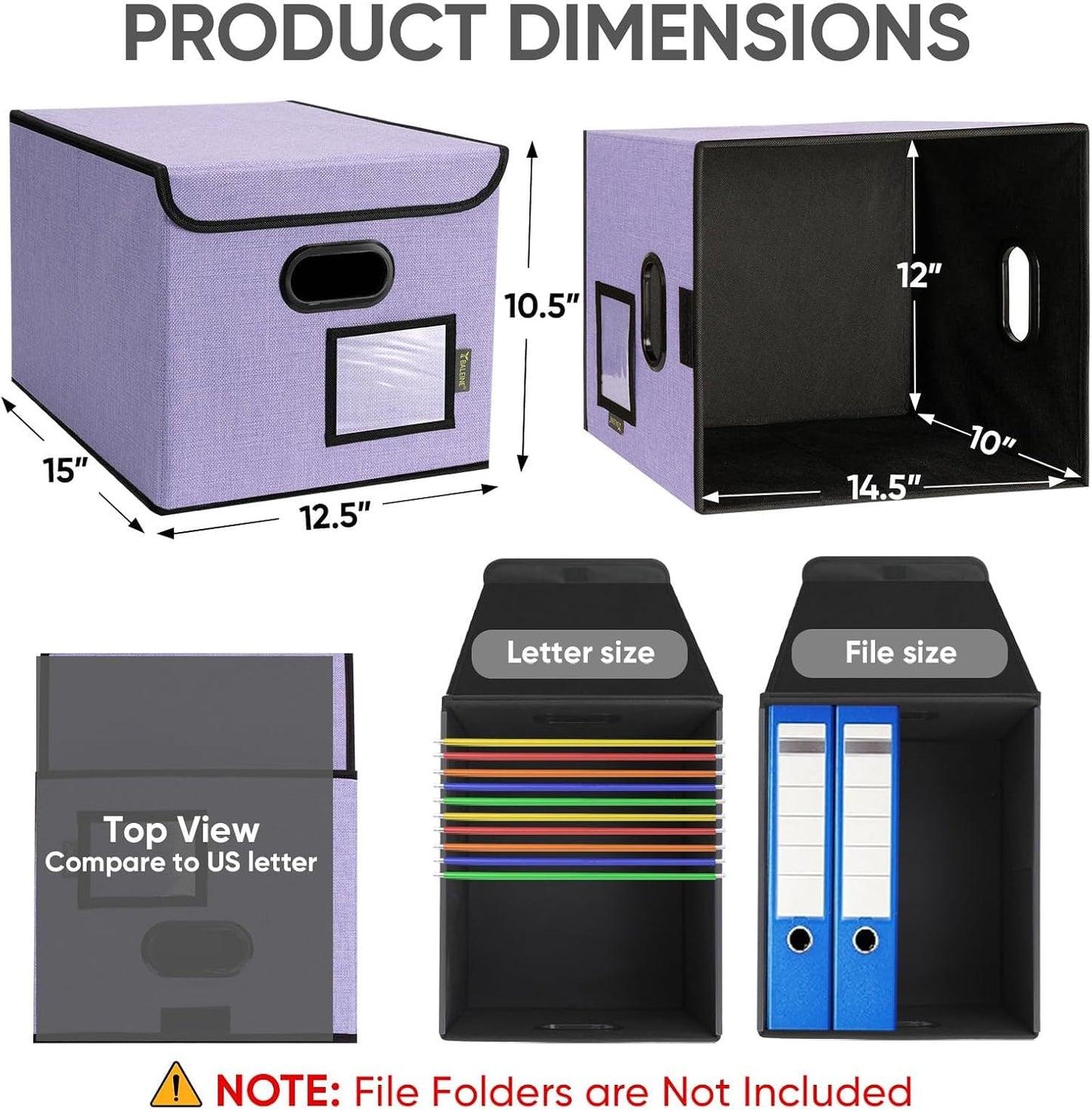 BALEINE File Organizer Box with Lid, Collapsible File Folder Organizer with Plastic Slide, Hanging File Folder Box for Office Document Storage (2 Pack, Purple)