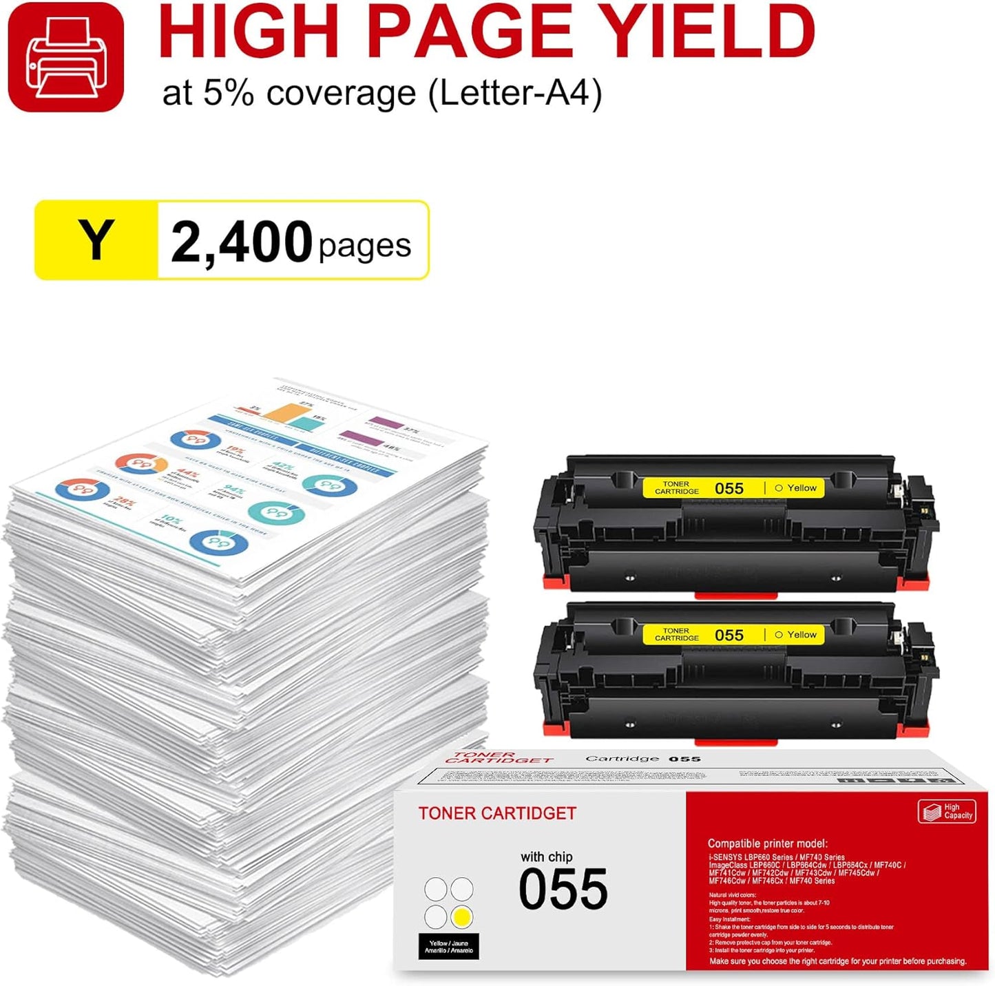 2 Pack 055 3013C001 Yellow Toner Cartridge: Compatible CRG-055 Replacement for Canon i-SENSYS LBP660 MF740 Series ImageClass LBP660C LBP664Cdw LBP664Cx MF740C MF741Cdw MF743Cdw MF746Cdw Series Printer