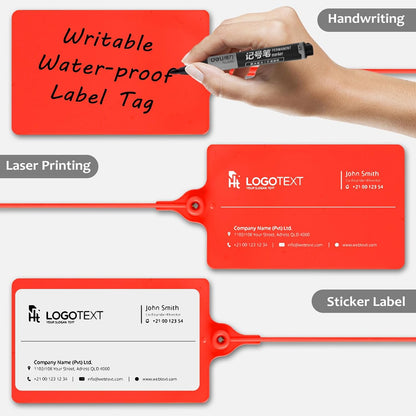 100 Plastic Waterproof Shipping Tags - Writable Marker Ties, Hanging Security Tamper Seals for Labeling and Storage - With One Marker Pen (Red)