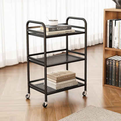 HDANI 3 Tier Rolling Cart,Heavy Duty Multifunctional Metal Frame-Supports 22 Lbs Per Tier,Rolling Cart with 2 Lockable Wheels for Office,Home,Bedroom,Kitchen,Bathroom (Black)…