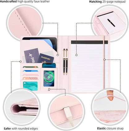 Ospelelf Pink Padfolio for Women Storage Clipboard Folio with Notepad Leather Portfolio Binder for Teacher