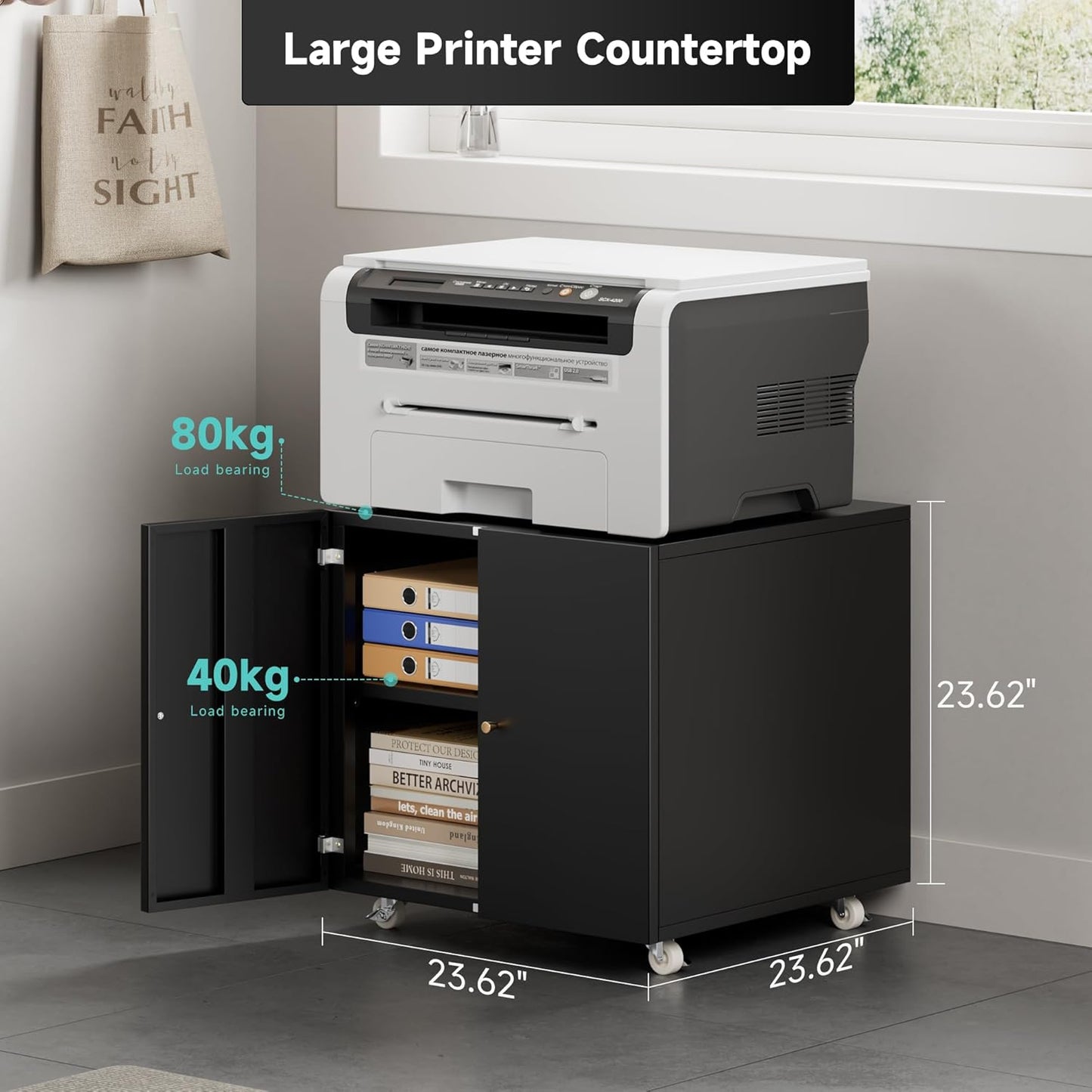 Warmiehomy Metal Printer Stand, 24x24x24'' Printer Cabinet with Storage, Mobile Printer Table with Wheels, Desk for Small Spaces with Door, Adjustable Metal File Cabinet for Home Office (Black)