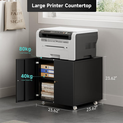 Warmiehomy Metal Printer Stand, 24x24x24'' Printer Cabinet with Storage, Mobile Printer Table with Wheels, Desk for Small Spaces with Door, Adjustable Metal File Cabinet for Home Office (Black)