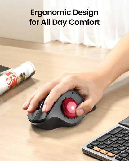 ProtoArc Wireless Trackball Mouse, EM01 NL Ergonomic Bluetooth Rollerball Thumb Rechargeable Computer Laptop Mouse, Adjustable Angle & 3 Device Connection for PC, Mac, Windows-Red Ball