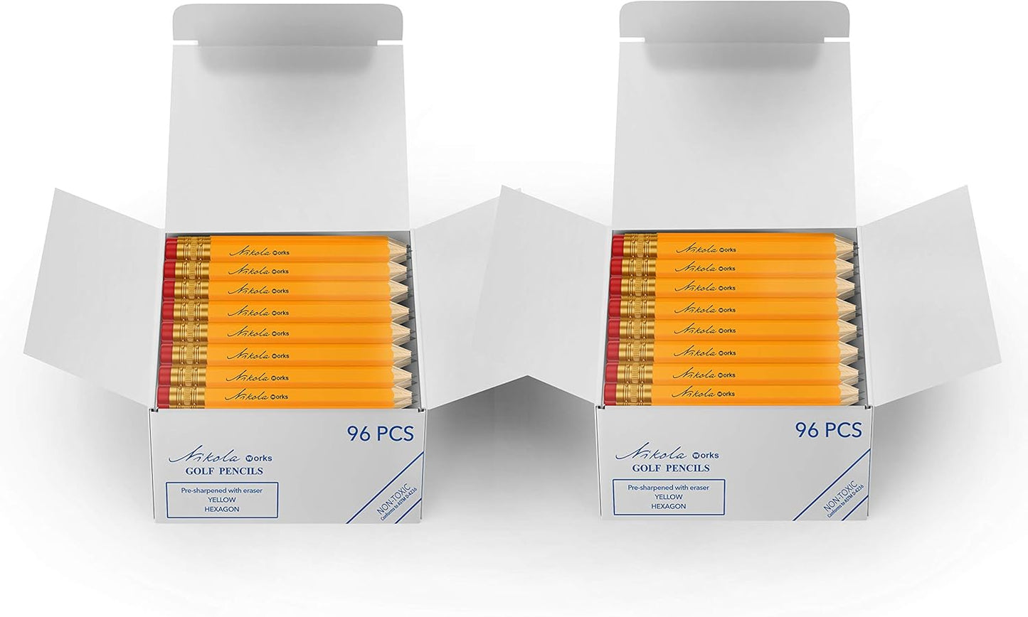 Mini Golf Pencils With Erasers - 192 Count - Classic Pre-Sharpened #2 HB American Pew Pencils Standard Hex Shaped Bulk Pack