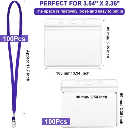 Marspark 100 Sets Clear Name Tags with Lanyard, Lanyards for ID Badges Reusable Strap with ID Holder Plastic Name Badges for Adults Business School Church Conference (Dark Purple)