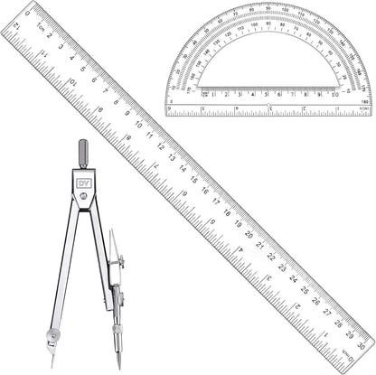 3 Pcs Plastic 12 Inch Ruler, Clear Protractor and Compasses Set for Student Geometry, Durable Transparent Drawing Measuring Rulers for School Office