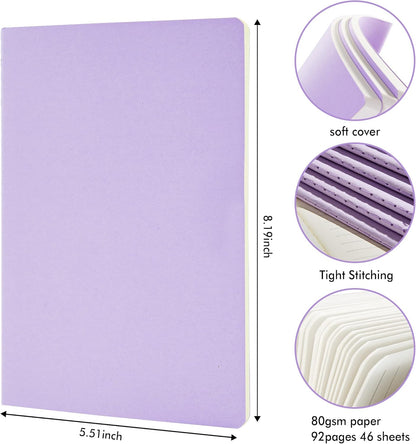 feela 8 Pack Soft Cover Journal Bulk, Notebooks College Ruled for Work, Lined Travel Journal for Women Men, Note Taking Notebook School Supplies Business Writing, 8.2” x 5.5”, A5, Light Purple