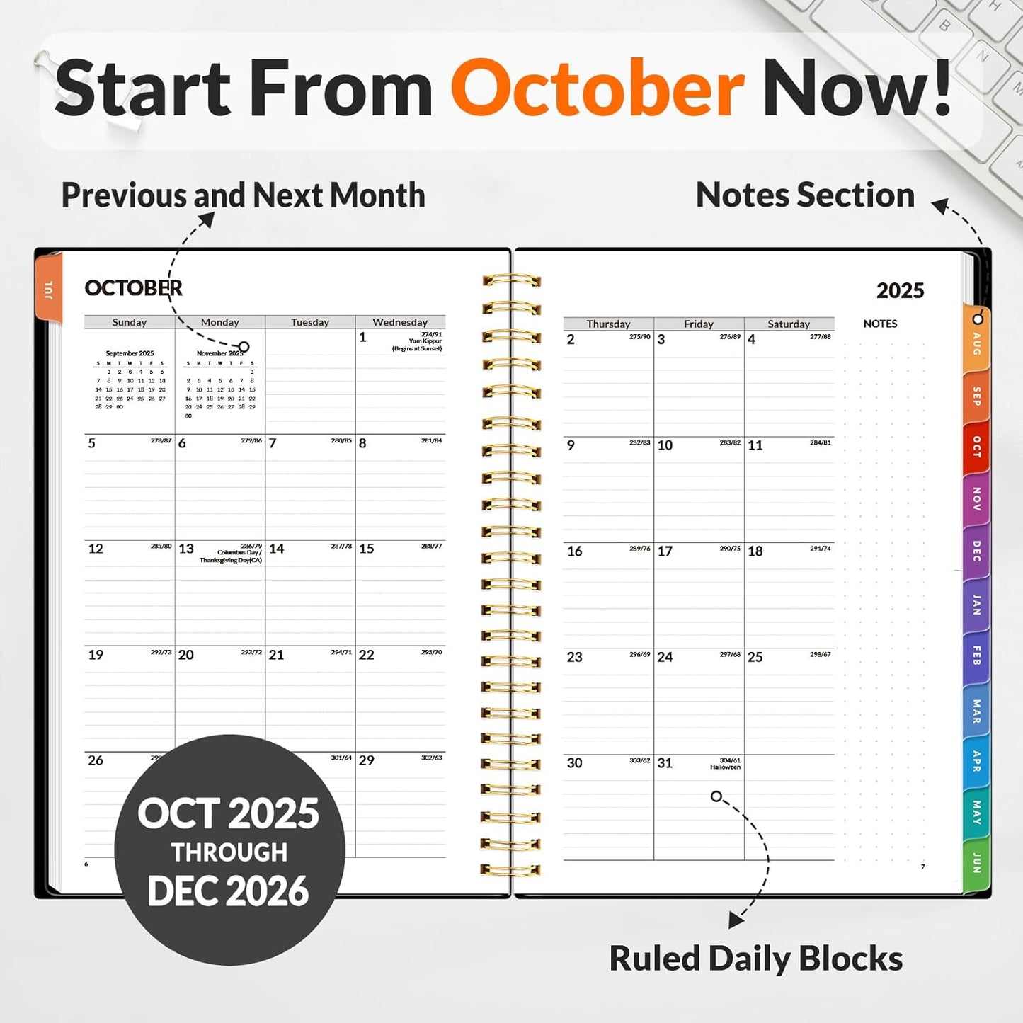 SUNEE 2026 Weekly and Monthly Planner - from January 2026 - December 2026, 6.4" x 8.3" Daily Agenda Planner with Monthly Tab, Flexible Cover, Note Pages, Pockets, Bookmark, Spiral Binding, Black