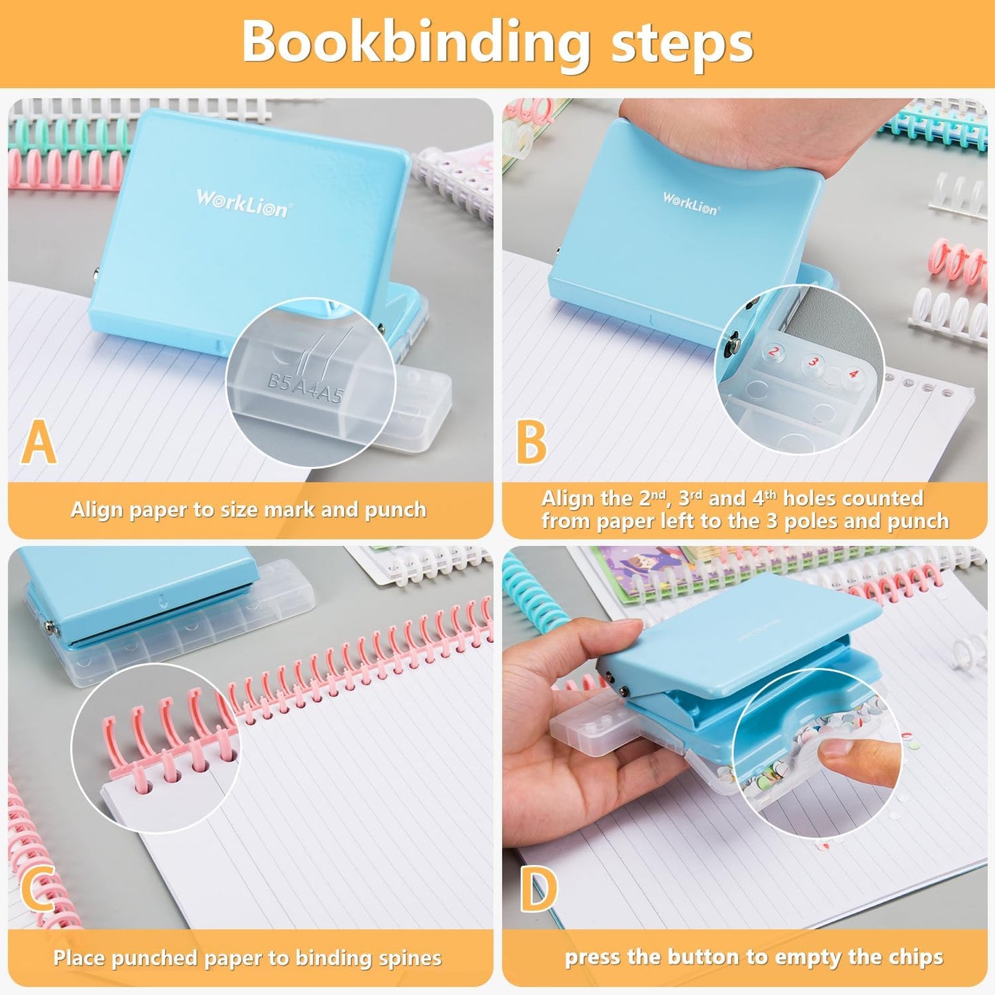 Worklion Binding Machine for Planner: Small Bookbinding Machine with Multicolor Loose Leaf Binder Rings for Making 26 Holes/B5 Paper, 30 Holes/A4, 20 Holes/A5 Book, 29 Holes/Letter Size, Blue