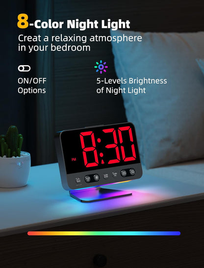 Digital Alarm Clocks for Bedrooms: Large Bold Number 5 Brightness Dimmer - Easy to Read Across The Room - 5 Alarm Sound 8 Night Light - Red