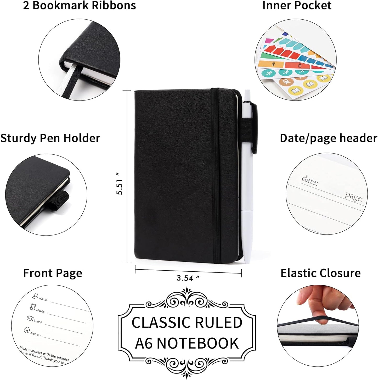 feela 6 Pack Pocket Mini Notebooks Bulk, Small Cute Memo Notepads Hardcover College Ruled Lined Journals with Pen Holder for School Business Work, with 6 Black Pens, 3.5”x 5.5”, A6, Black