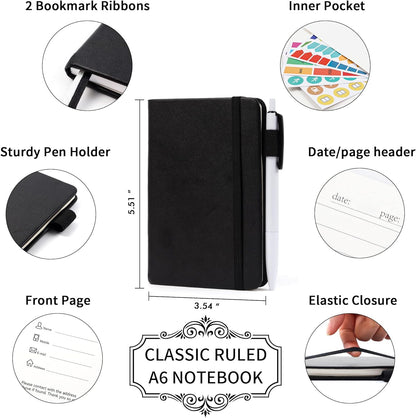 feela 6 Pack Pocket Mini Notebooks Bulk, Small Cute Memo Notepads Hardcover College Ruled Lined Journals with Pen Holder for School Business Work, with 6 Black Pens, 3.5”x 5.5”, A6, Black