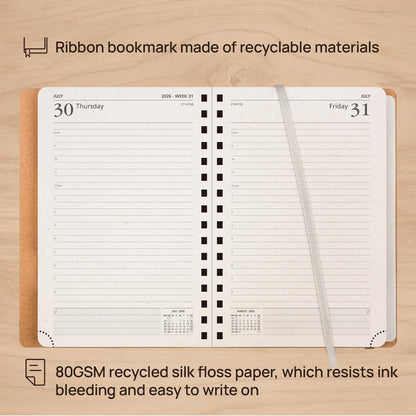 POPRUN 2026 Daily Planner One Page A Day - [5.75" x 8.5"-100% Recycled Materials Spiral Soft Cover] - 2026 Agenda with Monthly Calendar, Folded Inner Pocket - Desert Brown