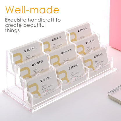 SANRUI Clear Horizontal Business Card Holder Stand for Desk, Acrylic Desktop Display Name Cards Holders Organizer Storage Rack,for Exhibition, Home , Office ,3 Tier 9 Pocket , 540 Card Capacity