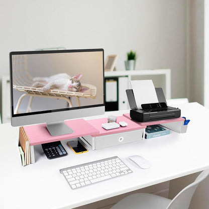 Dual Monitor Stand Riser With Drawer & Metal Leg, Large Desk Shelf For 2 Monitors w/ Adjustable Length & Angle, Desktop Organizer For Laptop/TV/Printer