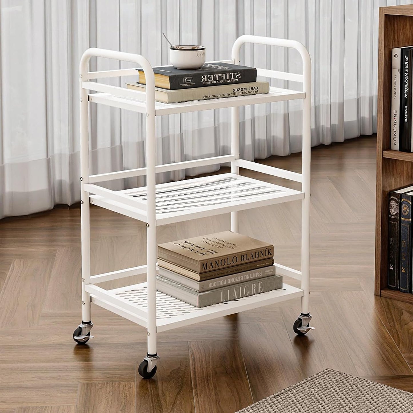 HDANI 3 Tier Rolling Cart,Heavy Duty Multifunctional Metal Frame-Supports 22 Lbs Per Tier,Rolling Cart with 2 Lockable Wheels for Office,Home,Bedroom,Kitchen,Bathroom (White)…