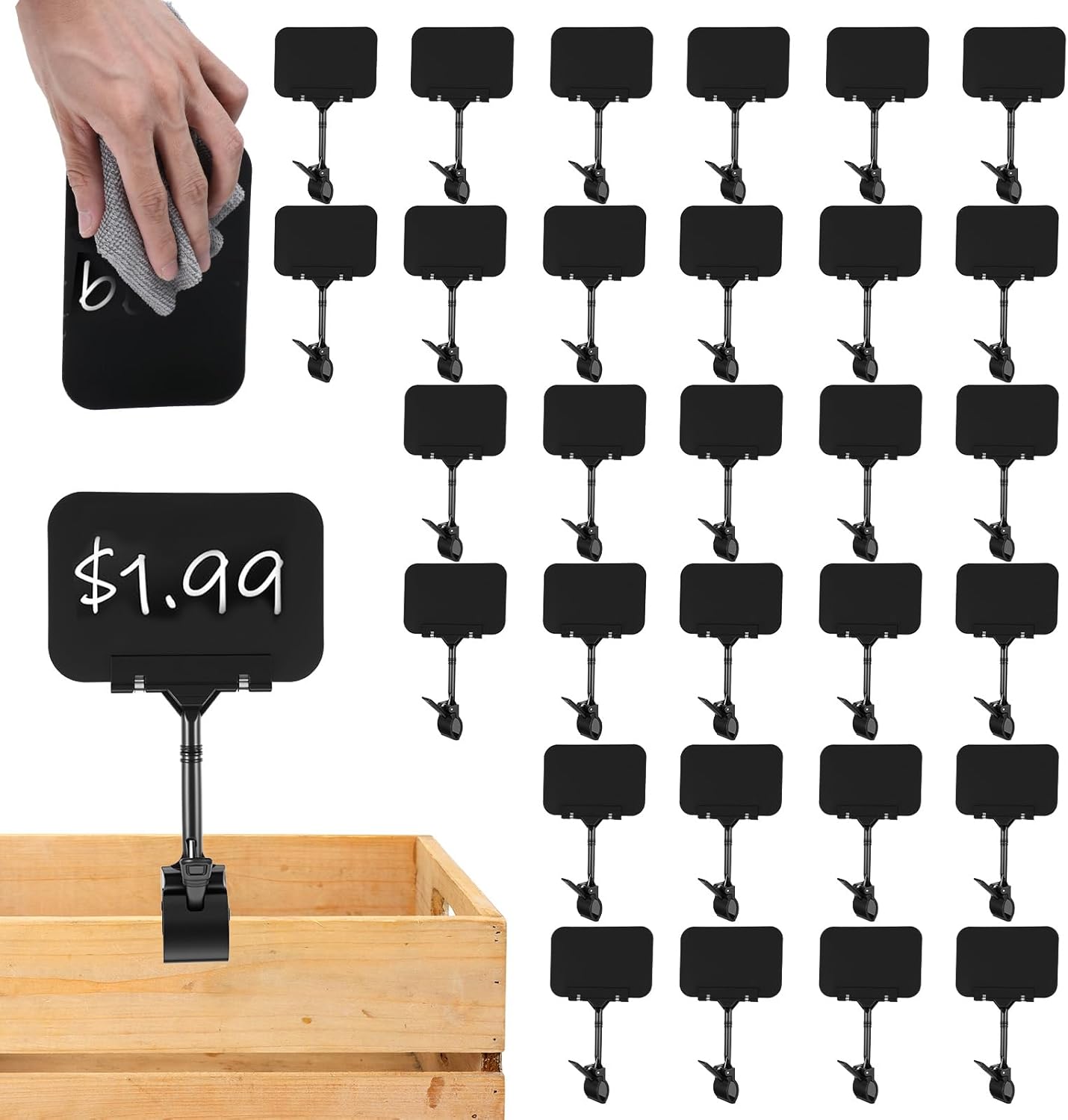 MAQUITA 30 Pcs Price Display Signs, Adjustable Clip on Sign Holder with 30 Clips A6, Rotataing Plastic Chalkboard Sign, Double Sided Mini Blackboard Clips for Store Business Office