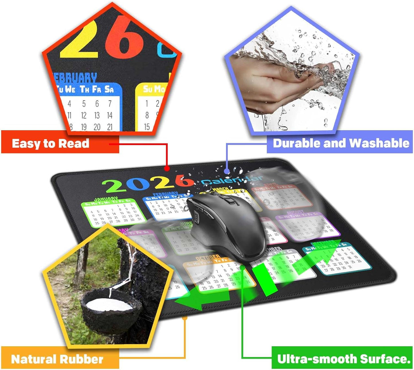 Calendar Mouse Pad 9.5 X 7.8 in, Mouse Pads with Stitched Edges and Non-Slip Rubber Base, Home Office Desk Decor Accessories for Computer Laptop Work Gaming (White 2026)