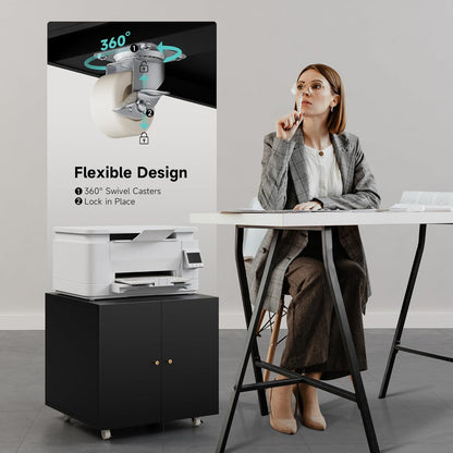 Warmiehomy Metal Printer Stand, 24x24x24'' Printer Cabinet with Storage, Mobile Printer Table with Wheels, Desk for Small Spaces with Door, Adjustable Metal File Cabinet for Home Office (Black)