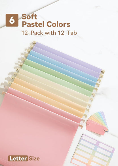 Plastic Hanging File Folders, Letter Size, 12 Pack Pastel Hanging Folders, with Insertable 1/5-Cut Tabs for Filing Cabinets