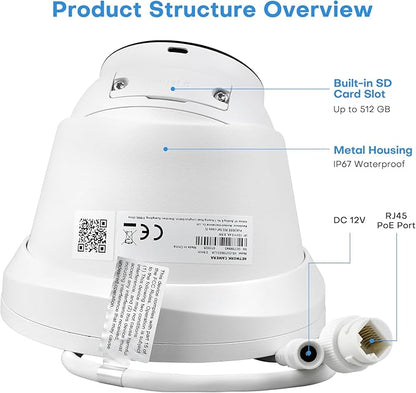 5MP IP PoE Camera, Outdoor Turret Camera with Mic, Hikconnect/SADP/iVMS4200, Smart Color Night Vision, Low light Starlight, Human Vehicle Detection, 114° Wide Angle, Metal IP67, 512GB SD Slot