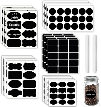Chalkboard Labels 244 PCS, Waterproof Reusable Blackboard Stickers with 2 Chalk Marker, Erasable Handwritten Stickers or Food Containers, Mason Jars, Pantry, Bottles Storage Bins (244 PCS)