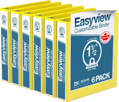 Easyview Premium 3-Ring Binders with Clear-View Covers and Round Rings, Binders for School or Office, 1.5 Inch, Pack of 6, Yellow