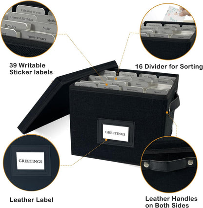 Greeting Card Organizer Box with 16 Dividers,Collapsible Greeting Card Storage Box with Handles Hold 150+ Cards,Greeting Card Holder for Greeting Cards,Sticker, Recipes, Photos, Envelopes