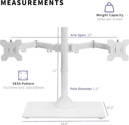 VIVO Freestanding Dual Monitor Stand with Sleek Glass Base and Adjustable Arms, Mounts 2 Screens up to 32 inch and 22 lbs Each, White, STAND-V002FGW