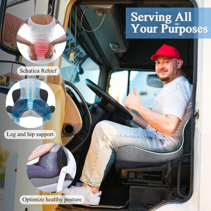 Seat Cushion for Truck Driver, Memory Foam Truck Seat Cushion with Adjustable Strap – Ergonomic Back Support & Sciatica Relief for Long Drives, Semi Truck Accessories