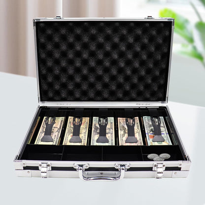 Large Cash Box with Money Tray, Lockable Money Box for Cash, Large Cash Organizer with 5 Compartment Spring-loaded Cash Trays and 4 Coin Trays