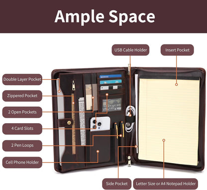 Genuine Leather Portfolio for Women and Men, 8.5 x 11 Legal Pad Padfolio, Zippered Notebook Organizer for 13” Laptop, Business Executive Professional Folio for Work, Dark Brown, Oil Tanned