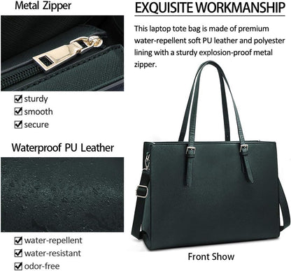 Laptop Bag for Women Waterproof Lightweight Leather 15.6 Inch Computer Tote Bag Business Office Briefcase Large Capacity Handbag Shoulder Bag Professional Office Work Bag Deepgreen
