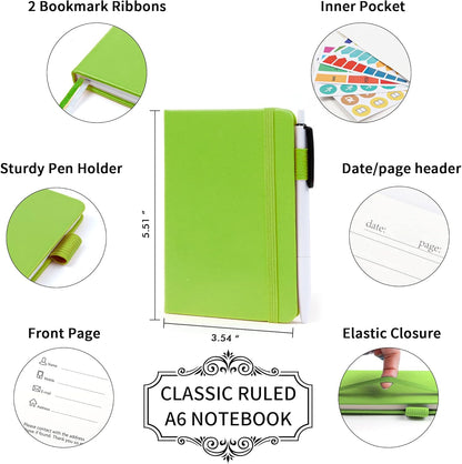 feela 15 Pack Pocket Small Notebooks Bulk, Mini Cute Memo Notepads Hardcover College Ruled Lined Journals with Pen Holder for Women Girls Office School, with 15 Black Pens, 3.5”x 5.5”, A6, Green