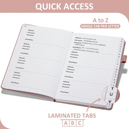 Password Book with Individual Alphabetical Tabs Laminated, Large Print Password Keeper Book for Seniors, A5 Hardcover Internet Password Log Book to Record Website Login Details - Rose Gold