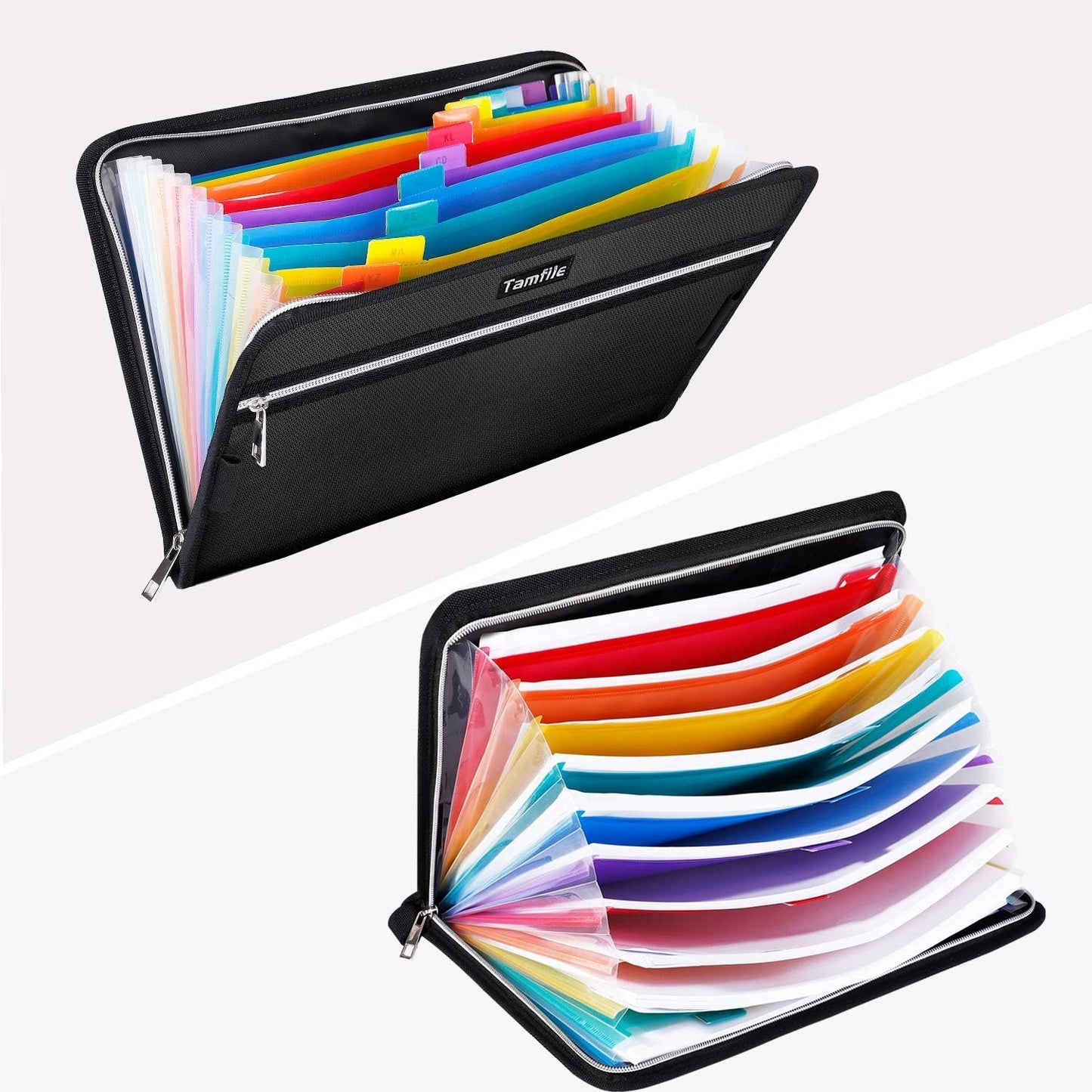 Fireproof Safe Waterproof Accordion File Bag Folder Expanding Filing Folder with 14 Multicolored Pockets, A4 Letter Size, Document Organizer Holder and Color Labels /2 Zipper (Black 14.3" x 9.8")