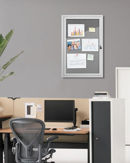 36"x24" Enclosed Bulletin Board, Outdoor Lockable Weather-Resistant Aluminum Cork Noticeboard for School & Office, Silver Frame w/Grey Flet