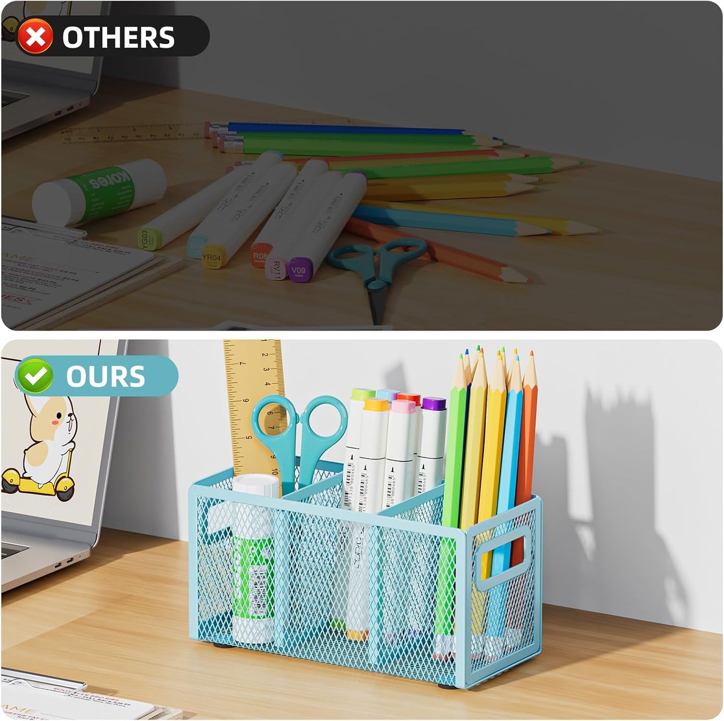 Marbrasse Mesh Pen Holder for Desk,Pencil Holder Desk Organizer 3 Adjustable Compartments,Pencil Cup with Handle Perfect for Classroom, Office, Home,Makeup,Art (Blue)