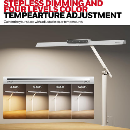 Honeywell LED Desk Lamp with Clamp - HJ1 Sunturalux Eye-Caring Clip on Lights for Home Office, 1200LM Clamp Lamp 4 Color Modes Stepless Dimming Task Desk Light for Working White
