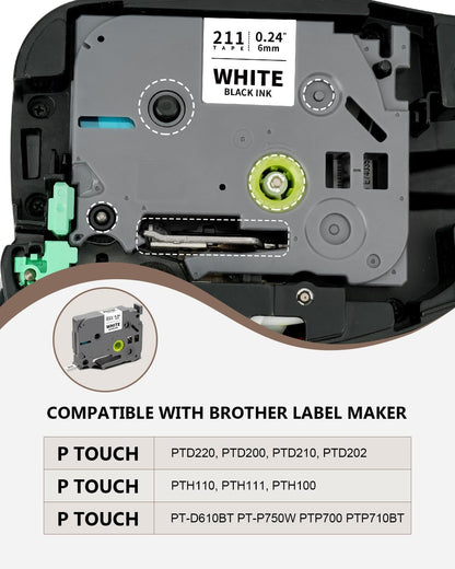 6-Pack 6mm 0.23" Multi-Color Label Tape Compatible for Brother P Touch Label Refills 1/4" Tze Tz Tape Laminated Work for PTD220 PTH100 PTH110 PTD202 PTD210, Clear/White/Red/Blue/Yellow/Green